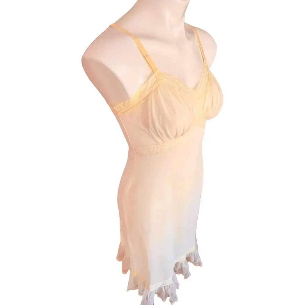Vintage 1950’s Shadowline Ivory Nylon Full Slip Lace Bodice Ruffle Hem Sz 32